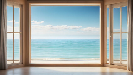 Seaside Serenity: Serene Coastal View Through a Window, Perfect for Relaxation and Wellness Retreats