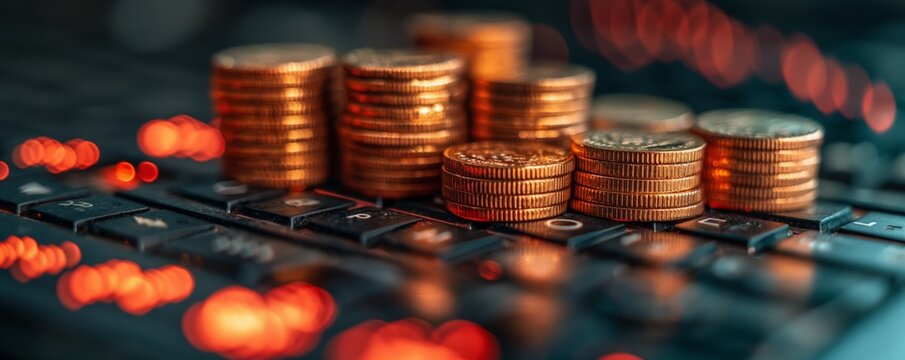 Coin stacks on a digital tablet with graphs