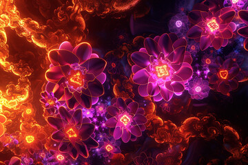 Neon-hued flowers blooming within a framework of intricate fractal patterns, set against a backdrop of liquid fire.