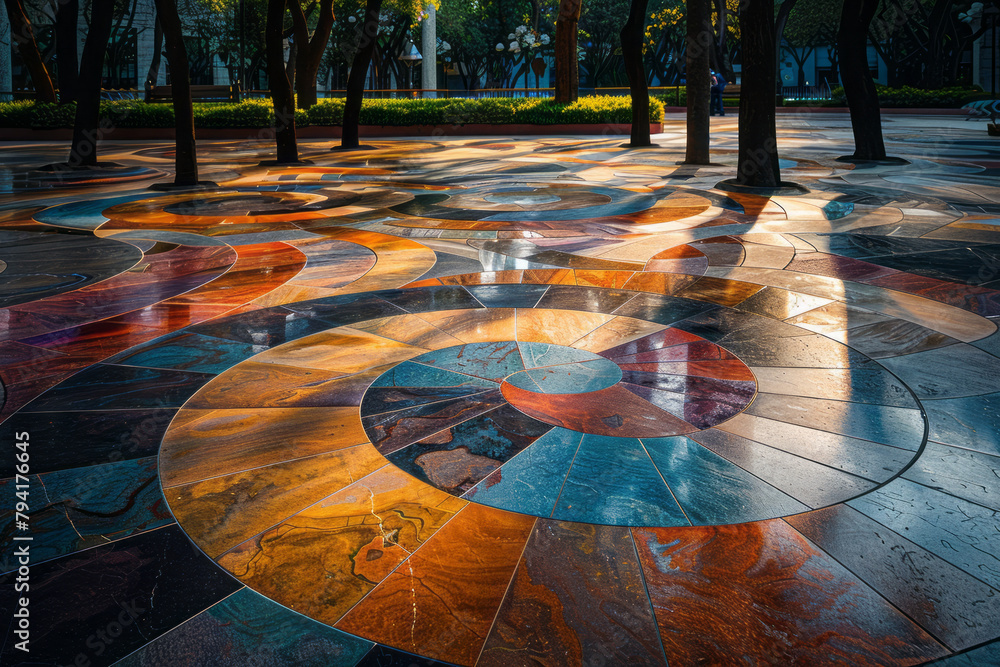 Leinwandbilder a public square tiled with large, regular geometric shapes that, through the use of color and shadin