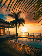 Un coucher de soleil avec un palmier et une piscine en avant plan