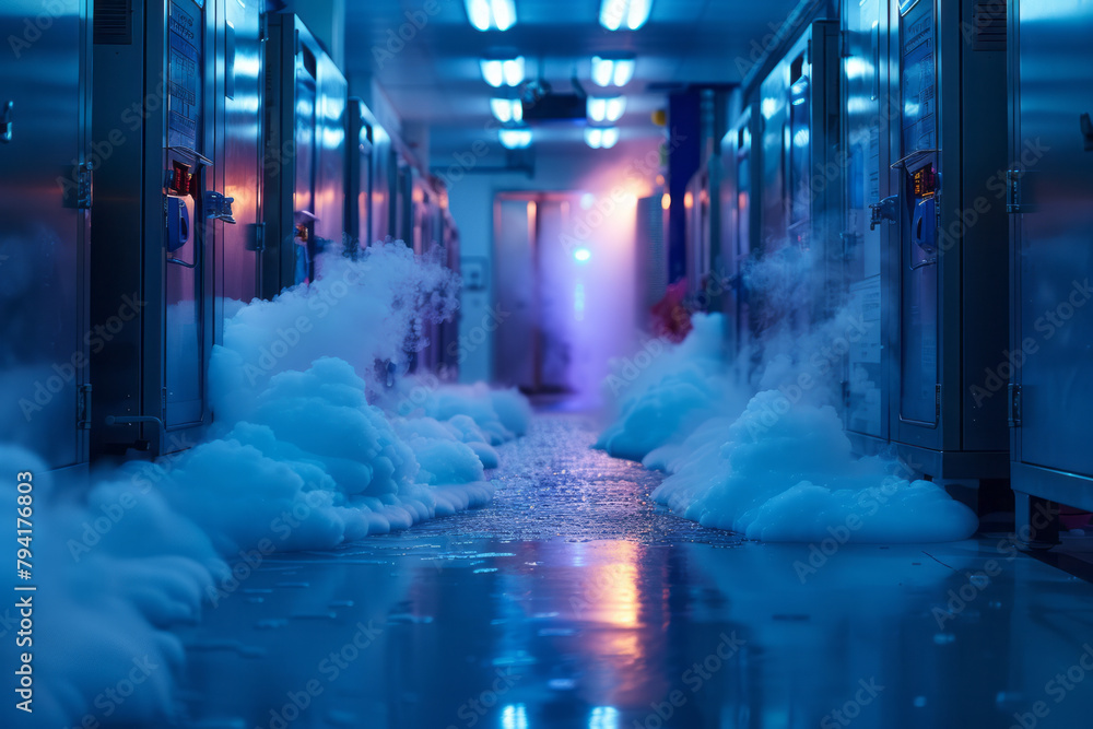 Poster a scene depicting a cryogenics lab where samples are being preserved at extremely low temperatures.