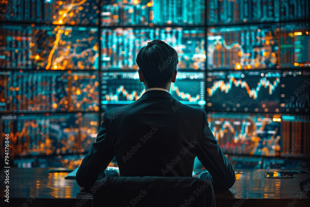 Aufkleber a scene depicting a financial analyst reviewing a series of screens showing currency fluctuations an