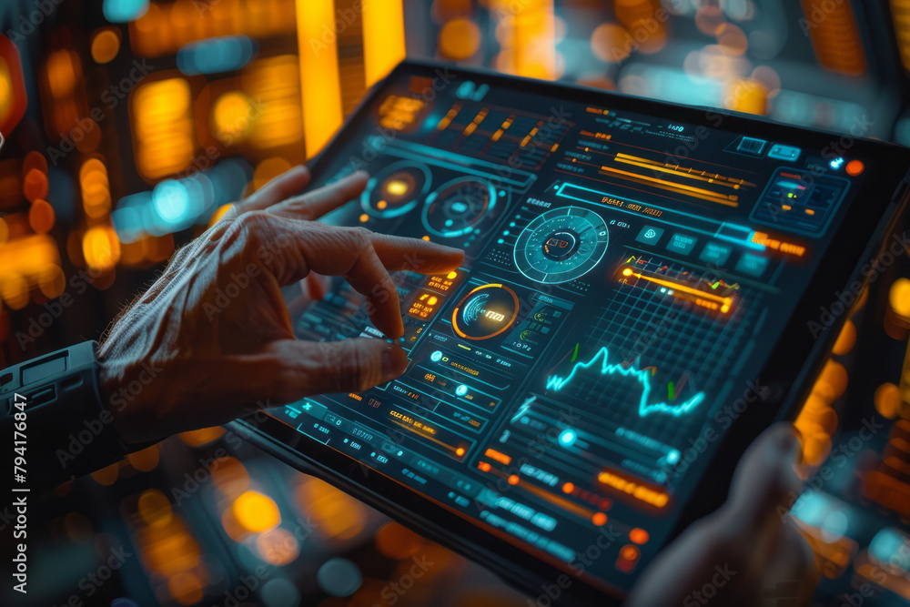 Poster A scene depicting a fintech developer testing new financial tracking software on a tablet, analyzing