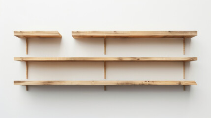 A minimalist bookshelf consisting of a series of horizontal wooden planks attached to a wall with nearly invisible brackets. . . - obrazy, fototapety, plakaty
