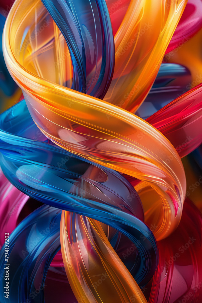 Poster a scene illustrating a 3d rendering of an abstract structure made from intertwined ribbons of primar