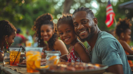 Happy African American family enjoying a meal outdoors. Celebrating.