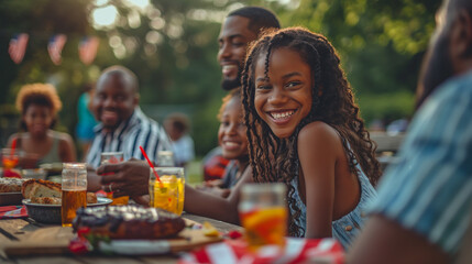 Happy African American family enjoying a meal outdoors. Celebrating.