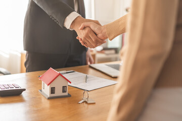 Real estate, success deal asian young male handshake or shaking hands with landlord realtor, client...
