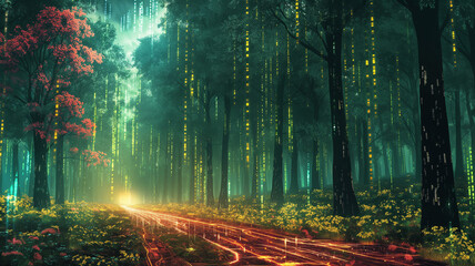 A forest with a path that is lit up with neon lights