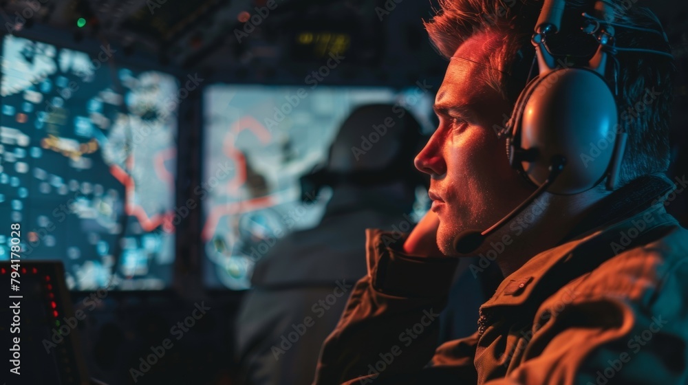 Poster a radar operator scanning the sky working with a team to identify and track enemy aircraft. .