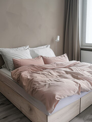 Cozy bedroom with soft bedding in pastel tone near window