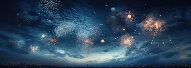 Majestic Fireworks Display Over Urban Skyline at Twilight