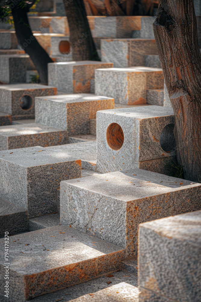 Aufkleber a sculpture garden where each piece is based on a different geometric shape, but all are interconnec