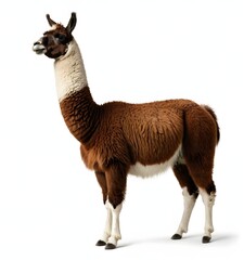 A brown and white llama standing against a white background