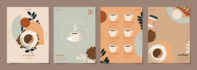 Set of minimal background templates with coffee beans and coffee mug for invitations, cards, banner, brochure, poster, cover, cafe menu or another design. Vector illustration.