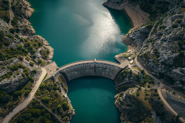 aerial top view of modern dam and reservoir lake in mountains