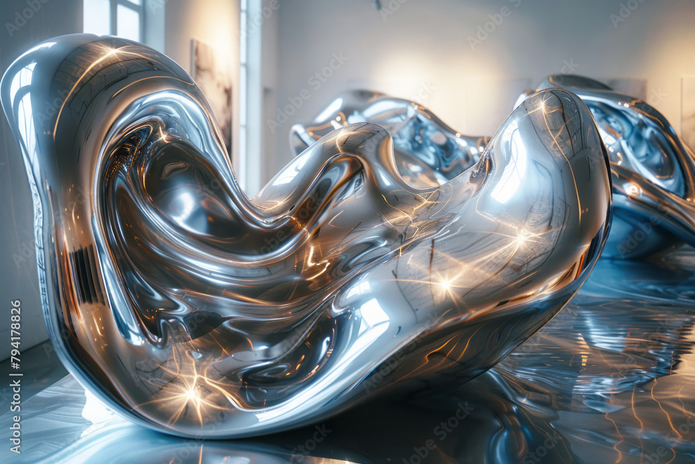 Aufkleber a series of abstract sculptures made from twisted sheets of chrome and steel, arranged to reflect li