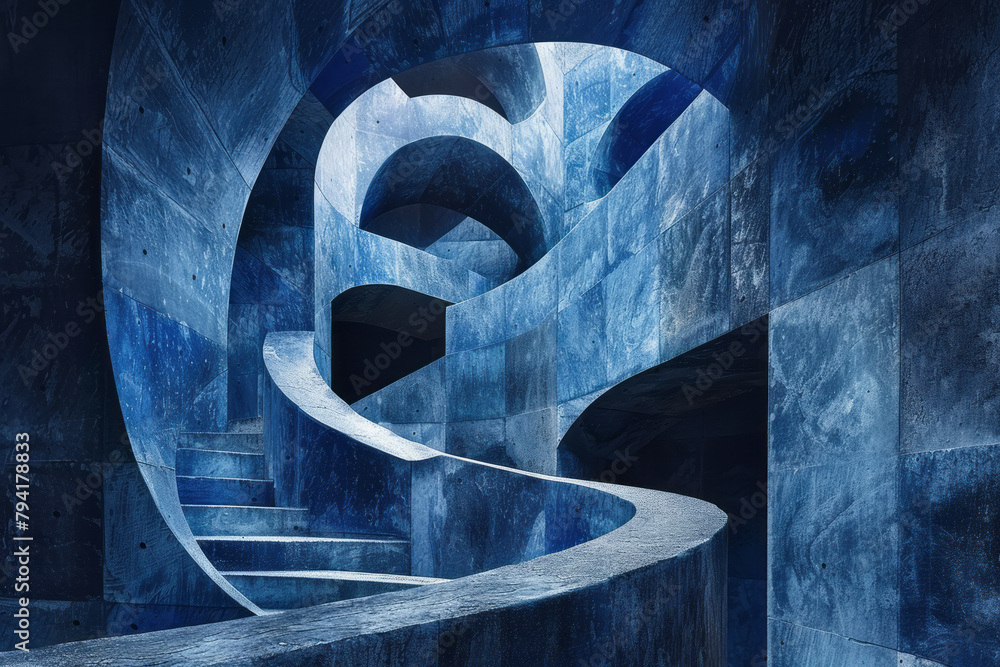 Poster a series of abstract sculptures in shades of indigo, each form and shadow playing with the perceptio