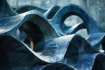 A series of abstract sculptures in shades of indigo, each form and shadow playing with the perceptio