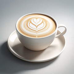 A white coffee cup on a saucer, filled with a latte that has latte art on the surface resembling a heart