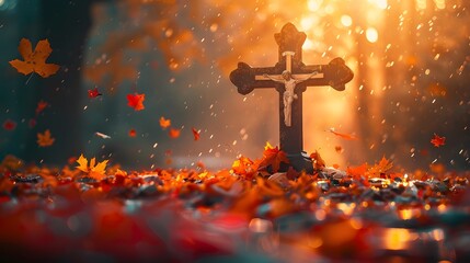 spiritual essence of a Christian cross against a backdrop of autumn colors and falling leaves, portrayed in full ultra HD resolution.