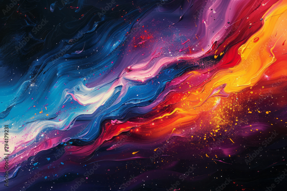 Poster a series of canvas paintings with streaks of neon paint that give the illusion of speed and energy,
