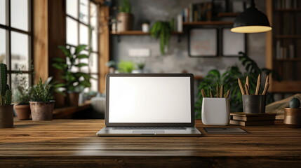 Modern laptop mockup with blank screen on a wooden desk in a cozy home office