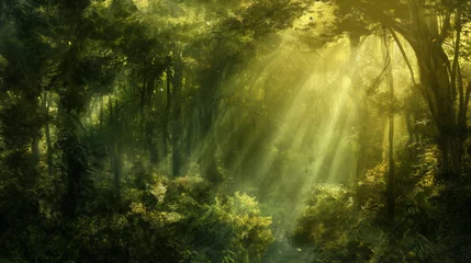 Selbstklebende Fototapeten Mystical Forest Enchantment, Sunlight filtering through lush green trees in a mystical forest © Mars0hod