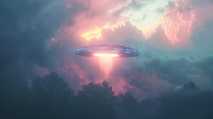 Mysterious Luminous UFO Emerging from Ethereal Dusk Clouds in Surreal Painterly Landscape