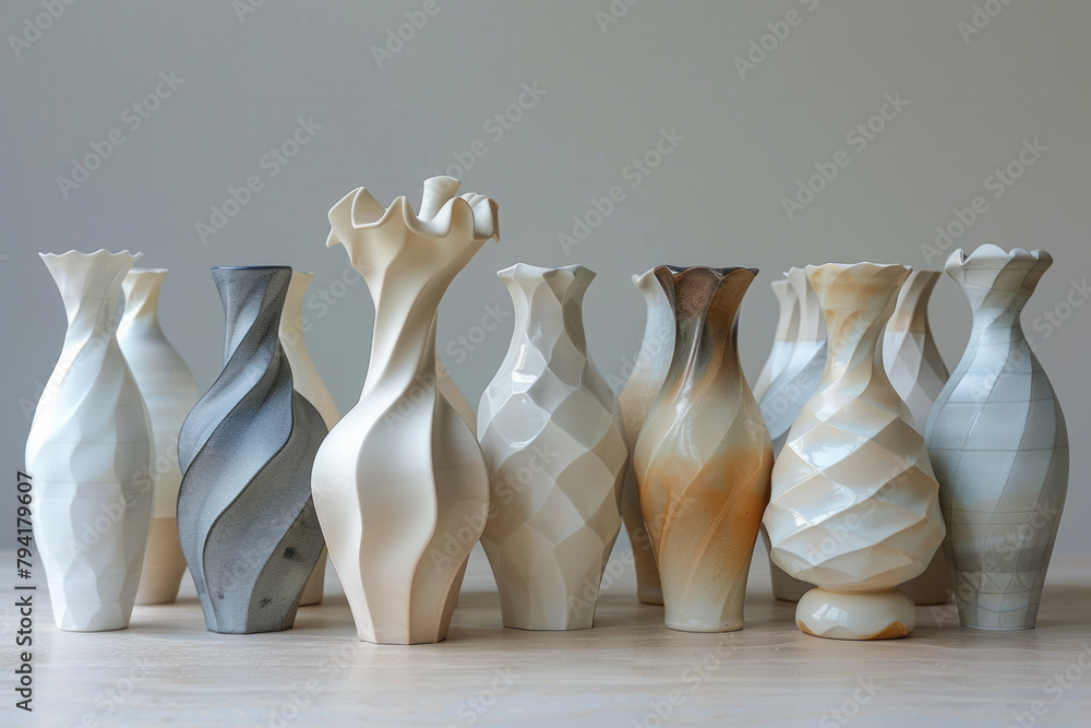 Poster A series of ceramic vases each featuring a different phase of transformation from smooth cylindrical