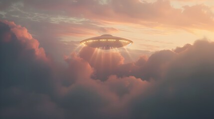 Mysterious Extraterrestrial Spacecraft Looming in the Ethereal Dusk Sky,Shrouded in Hazy Clouds and Eerie Lights - obrazy, fototapety, plakaty