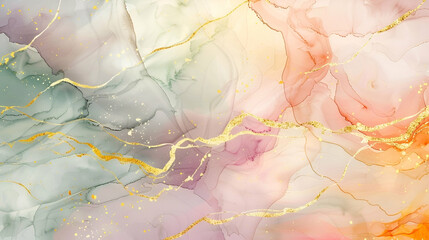 Abstract watercolor paint background illustration - Soft pastel b0413e late color and golden lines, with liquid fluid marbled paper texture
