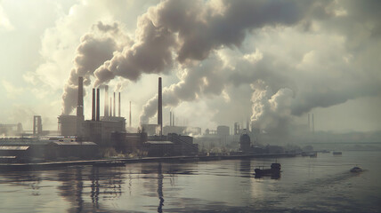 A factory is spewing smoke into the air, and the water is murky - obrazy, fototapety, plakaty