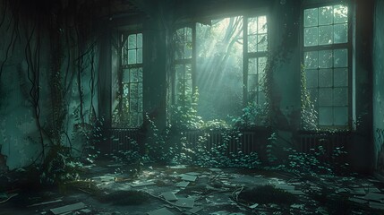 spooky atmosphere of an abandoned asylum, with broken windows and overgrown vines, in high resolution cinematic photography.