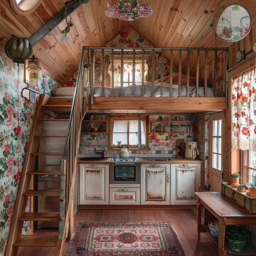 tiny house interior with victorian architecture and flowers on wallpaper and kitchen and a loft with stairs