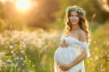 Fototapeta na wymiar Pregnant woman in white dress in the summer