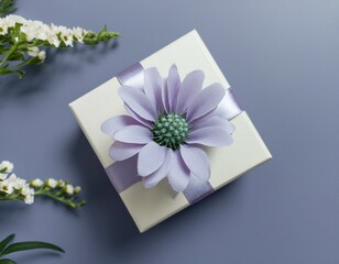 fleur mauve sur un petit paquet cadeau blanc sur fond violet en ia