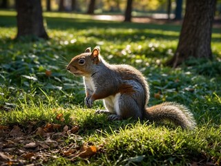 Squirrel stands tall in tranquil park, bathed in soft sunlight filtering through overhead trees. Lush green grass beneath dotted with fallen leaves, signaling change of seasons.
