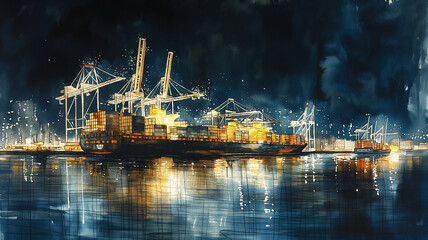 A painting of a harbor with a large ship in the foreground - obrazy, fototapety, plakaty