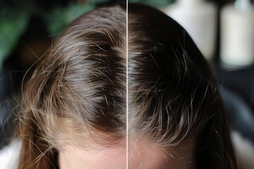 Before and after comparison of scalp with alopecia treatment progress, hair regrowth visualization