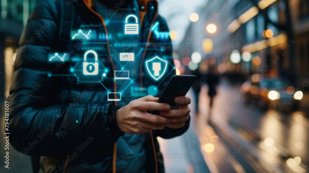 Poster a person on the go with a security apps logo displayed on their phone highlighting the apps ability 
