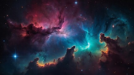 Fototapeta na wymiar Colorful Galactic Nebula Cloud Illuminated by Distant Stars. Space Exploration Background.