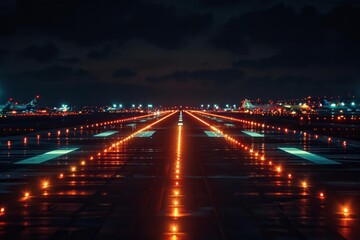 Fototapeta na wymiar Airport runway lights, guiding lines, clear aviation signals