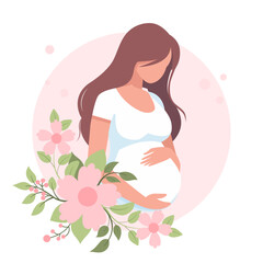 Pregnant woman with flowers, flat vector illustration