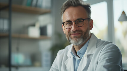 Obraz premium A male head doctor in a white lab coat and glasses smiles at the camera. An online therapist. He sitting at his desk in his office