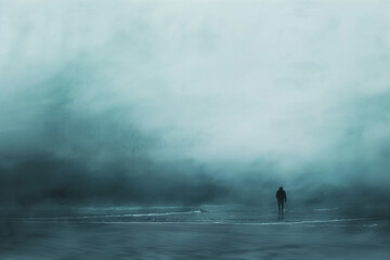Silhouette of a man walking on the beach in the fog.  Conceptual abstract art on the theme of solitude. Minimalistic design