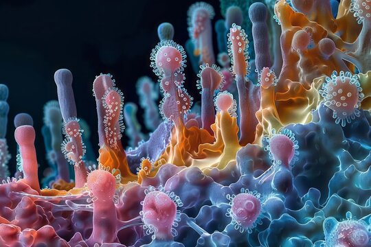 Microscopic view of caries-causing microorganisms on a tooth, biofilm build-up