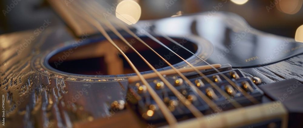 Aufkleber the top of a guitars sound hole with the strings visible and a small piezoelectric pickup attached f