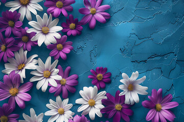 Purple and white blooms on tranquil blue.